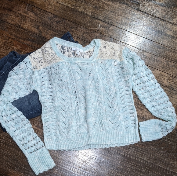 Crop Aqua blue and cream light weight sweater - Picture 1 of 5